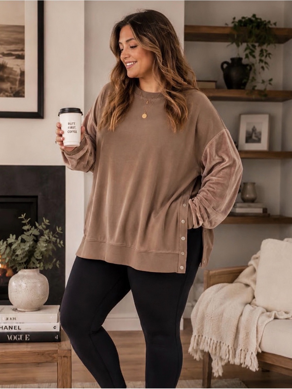 Athleta 3X Luxe Velour Sleeve Snap Side Sweatshirt Mocha Taupe Oversized comfy